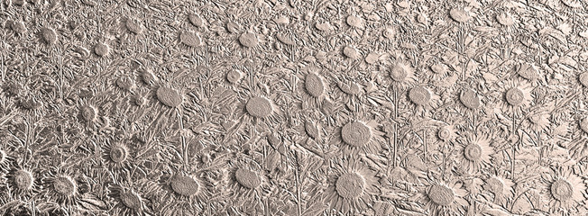 Light background of blooming field of sunflowers, illustration with generated relief texture.