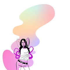 Obraz premium Sexy girl with black long hair in a jeans on muted liquid like rainbow retro style pearlescent spot, space for text