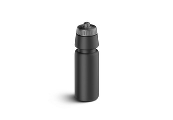 Blank black plastic sport bottle mockup, front view, isolated, 3d rendering. Clear empty can with grey cap mock up. White container with liquid for fitness or tourism. Flask for training template