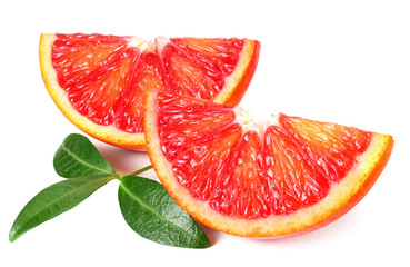 Slice of red blood orange with leaf isolated on white background