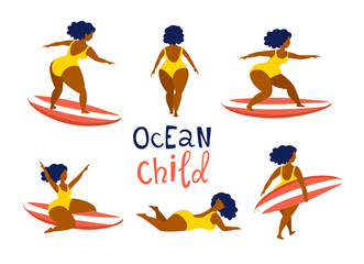 Surfing girls on the surfboards catching waves in the ocean.