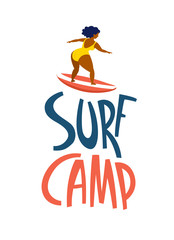 Surfing girls in the ocean. Surf camp lettering.