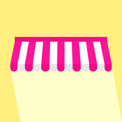 Pink wall awning parasol icon with long shadow. Flat illustration of canopy vector icon with yellow background.