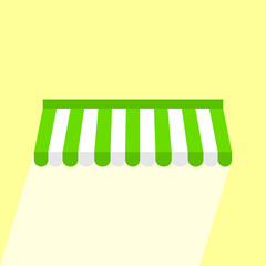 Green wall awning parasol icon with long shadow. Flat illustration of canopy vector icon with yellow background.