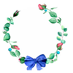 Watercolor frame with green eucalyptus leaves and roses on white background with space for text. Illustration for postcards, invitations or thank-you letters.