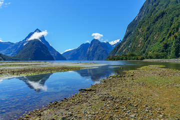 reflections of mountains in the water, milford sound, new zealand 33