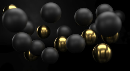 Black And Golden Realistic Spheres Background Close Up. Backdrop of metall balls with depth of field. Golden and black bubbles. Jewelry cover concept. Vertical banner. Decoration element for design.