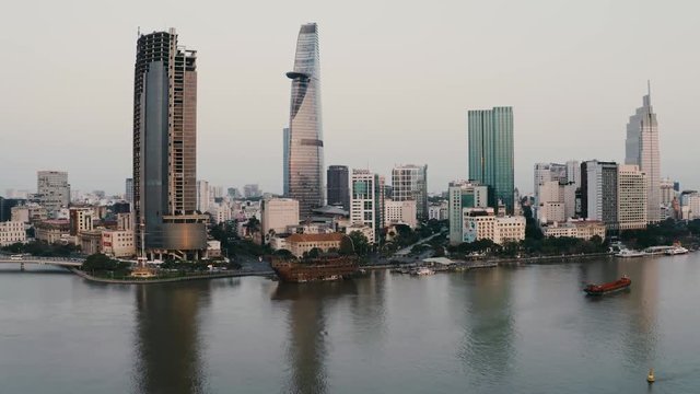 4k Aerial drone footage - Beautiful skyline of Saigon (Ho Chi Minh City) at sunrise.  Vietnam, Asia
