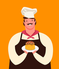 Cute chef holding a plate of dessert. Menu, culinary concept. Cartoon vector illustration
