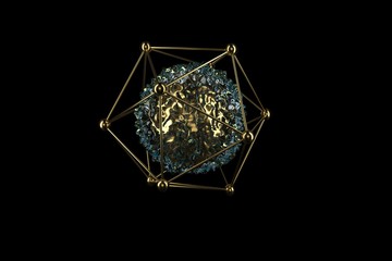 3D abstract spheres. Abstract luxury golden jewelry isolated on black. Shine golden element. 3D Rendering of geometric realistic looking mesh hedra object with liquid gold inside.