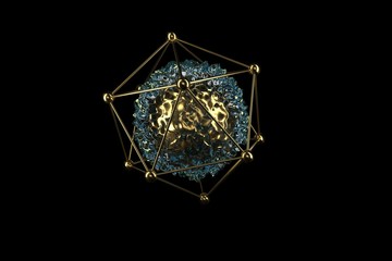 3D abstract spheres. Abstract luxury golden jewelry isolated on black. Shine golden element. 3D Rendering of geometric realistic looking mesh hedra object with liquid gold inside.