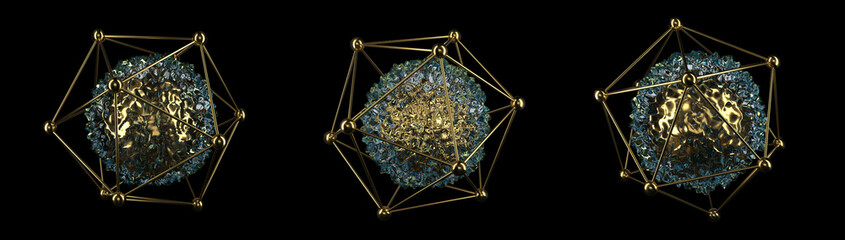 3D abstract spheres set. Abstract luxury golden jewelry isolated on black. Shine golden element. 3D Rendering of geometric realistic looking mesh hedra object with liquid gold inside.