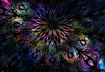 Fototapeta na wymiar Abstract ancient geometric with star field and colorful galaxy background, watercolor digital art painting and mandala graphic design