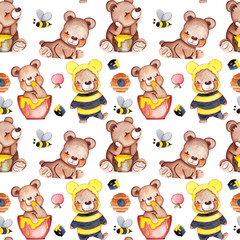 watercolor Honey bear seamless pattern