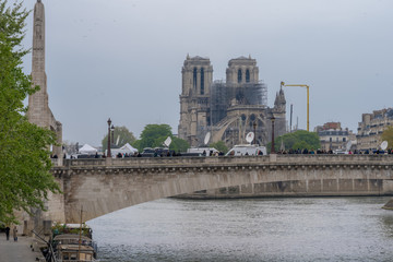 Paris, France - 04 16 2019: The day after the fire at Notre-Dame Cathedral