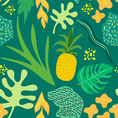 Tropical Flowers and Leaves Pattern. Pineapples Retro Seamless Trendy Background Memphis Style. Summer Jungle Nature Design. Vector illustration