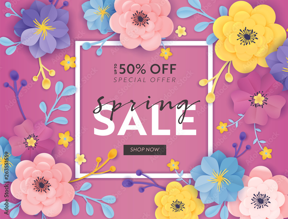 Wall mural Spring Sale Special Offer Banner with Paper Cut Flowers. Floral Design Seasonal Promotion Discount Flyer, Brochure, Shopping Voucher. Vector illustration