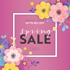 Spring Sale Special Offer Banner with Paper Cut Flowers. Floral Design Seasonal Promotion Discount Flyer, Brochure, Shopping Voucher. Vector illustration
