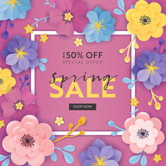 Spring Sale Special Offer Banner with Paper Cut Flowers. Floral Design Seasonal Promotion Discount Flyer, Brochure, Shopping Voucher. Vector illustration