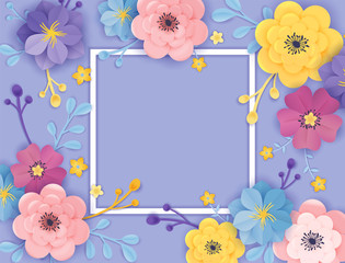 Paper Cut Flowers Greeting Card Template. Floral Background Frame Origami Style. Botanical Spring Summer Design for Banner, Poster. Vector illustration