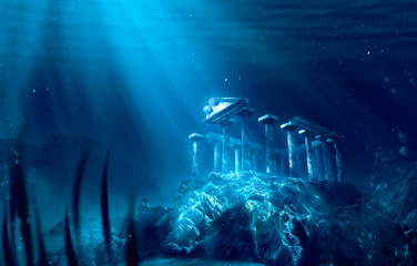 lost civilization of atlantis sunken deep in the ocean / 3D rendering - obrazy, fototapety, plakaty