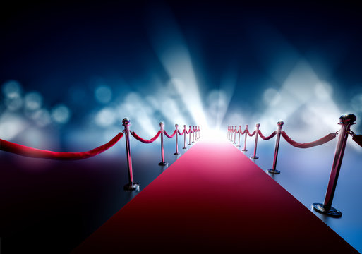 Red carpet with bright light in the end / 3D illustration
