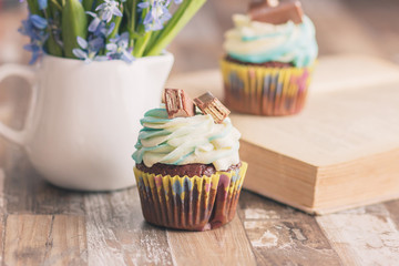 Handmade chocolate muffins with decorations. Book and a bouquet of Scilla, blurred background