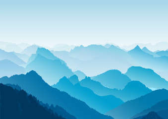 Fototapeta na wymiar Flat mountain landscape. Morning in the mountains. Tourism and travelling. Vector flat design