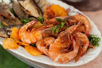 Sea food dishes in plates on the table