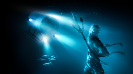 Statue of poseidon sunk in the ocean lit by a research submarine