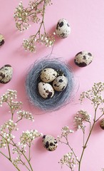 Easter eggs. Quail eggs in a nest on a pink background.