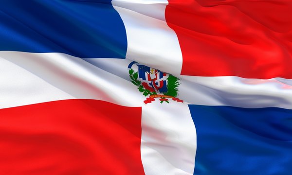 Realistic silk material Dominican Republic waving flag, high quality detailed fabric texture. 3d illustration