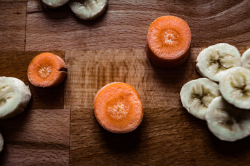 Slices of bananas and carrots