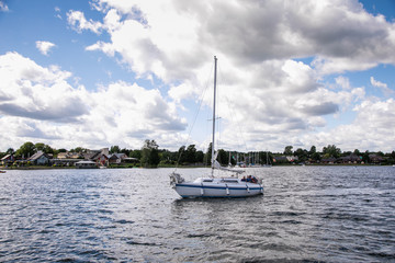 Trakai Island Castle in lake Galve in day, Lithuania. Trakai Castle is one of major tourist attractions of Lituania