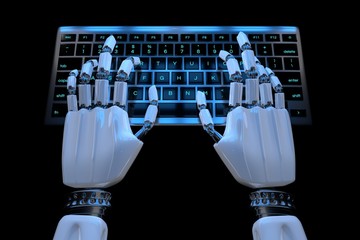 Hands of ai robot typing on keypad. Robotic cyborg hand using keyboard computer. 3d render realistic illustration. Top view.