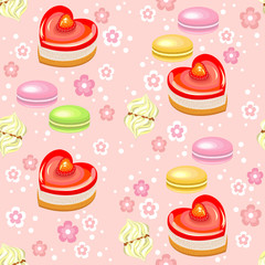 Seamless pattern. Holiday cakes in the form of heart, strawberry, marshmallows and flowers. Suitable as a gift wrapping for Valentine's Day. Creates a festive mood. Vector illustration