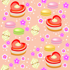 Seamless pattern. Holiday cakes in the form of heart, strawberry, marshmallows and flowers. Suitable as a gift wrapping for Valentine's Day. Creates a festive mood. Vector illustration