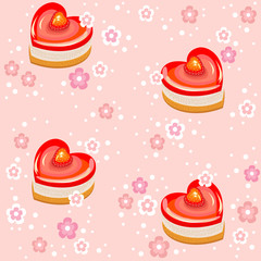 Seamless pattern. Holiday cakes in the form of heart, strawberry, marshmallows and flowers. Suitable as a gift wrapping for Valentine's Day. Creates a festive mood. Vector illustration