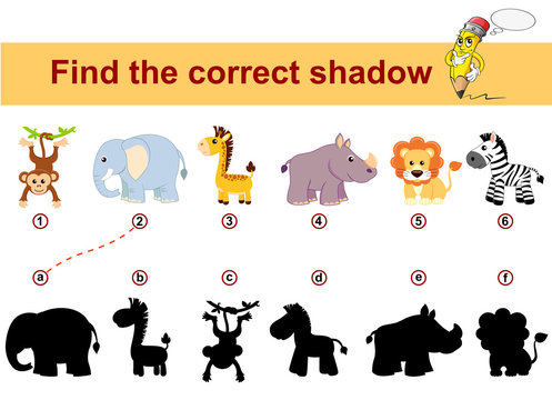 Find correct shadow. Kids educational game. African animals. Lion, elephant, giraffe, monkey, zebra and rhinoceros