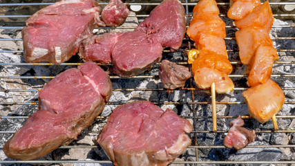 Small coal grill with various kinds of meat