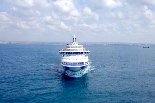 Large modern Cruise Ship at sea, Aerial image.