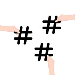 Hashtag sign. Hands hold sign black hashtag