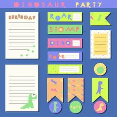 A large set of printable elements with dinosaurs. Dino print cards, stickers, flags, notes, page for a notebook, to do list, scrap. Roar and tramp. Footprints and silhouettes of animals.