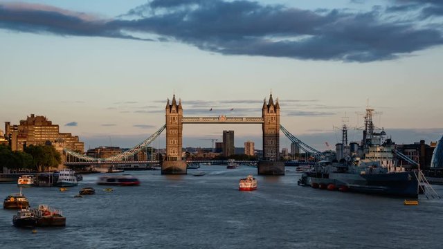 time lapse of Tower Bridge at sunset, London, UK