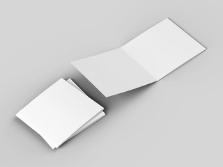 Open tri-folded laflet in square format.