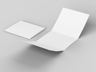 Open tri-folded laflet in square format.