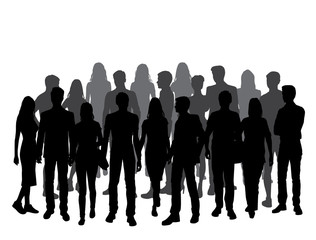 Vector silhouette people, group business men and women, crowd silhouettes, black and gray color, isolated on white background