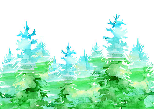 Seamless border of a spruce.Coniferous forest.Silhouette of fir trees.Watercolor hand drawn illustration.White background. © jula_lily