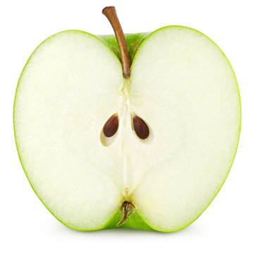 Green juicy apple slice isolated on white background, clipping path, full depth of field