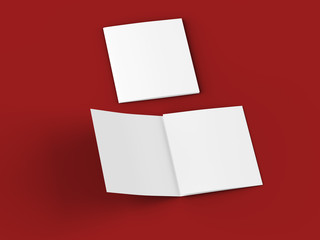 Open tri-folded laflet in square format.